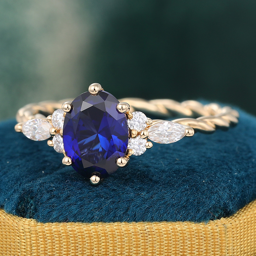 Juyoyo Oval Blue Sapphire Engagement Ring Gold Sapphire Ring Vintage Moissanite Wedding Bridal Ring