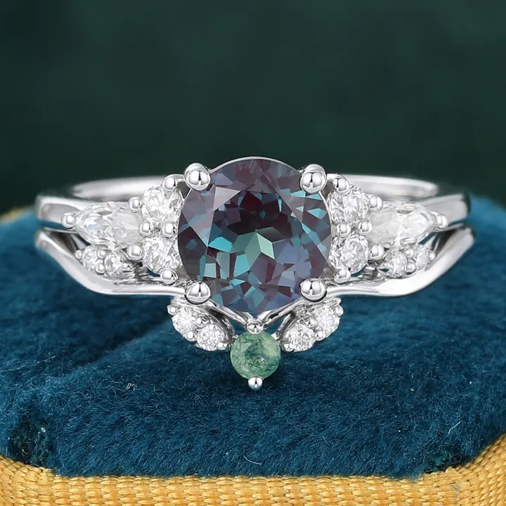 Alexandrite Engagement Ring Set Vintage Wedding Ring Set in 14k White Gold - 2pcs