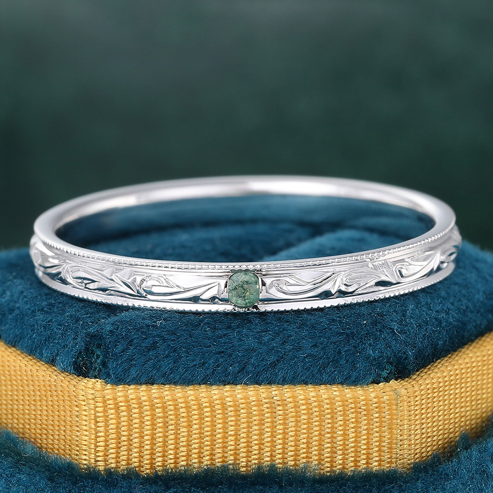 Juyoyo Vintage Scalloped Pavé Moss Agate Wedding Band Engrave Stacking Ring