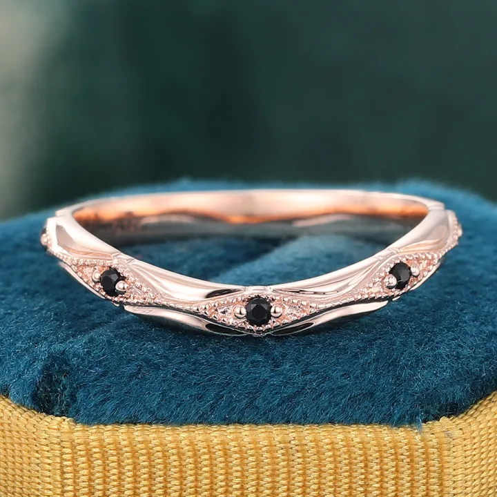 Vintage Black Onyx Wedding Band Rose Gold Stacking Ring for Women & Men