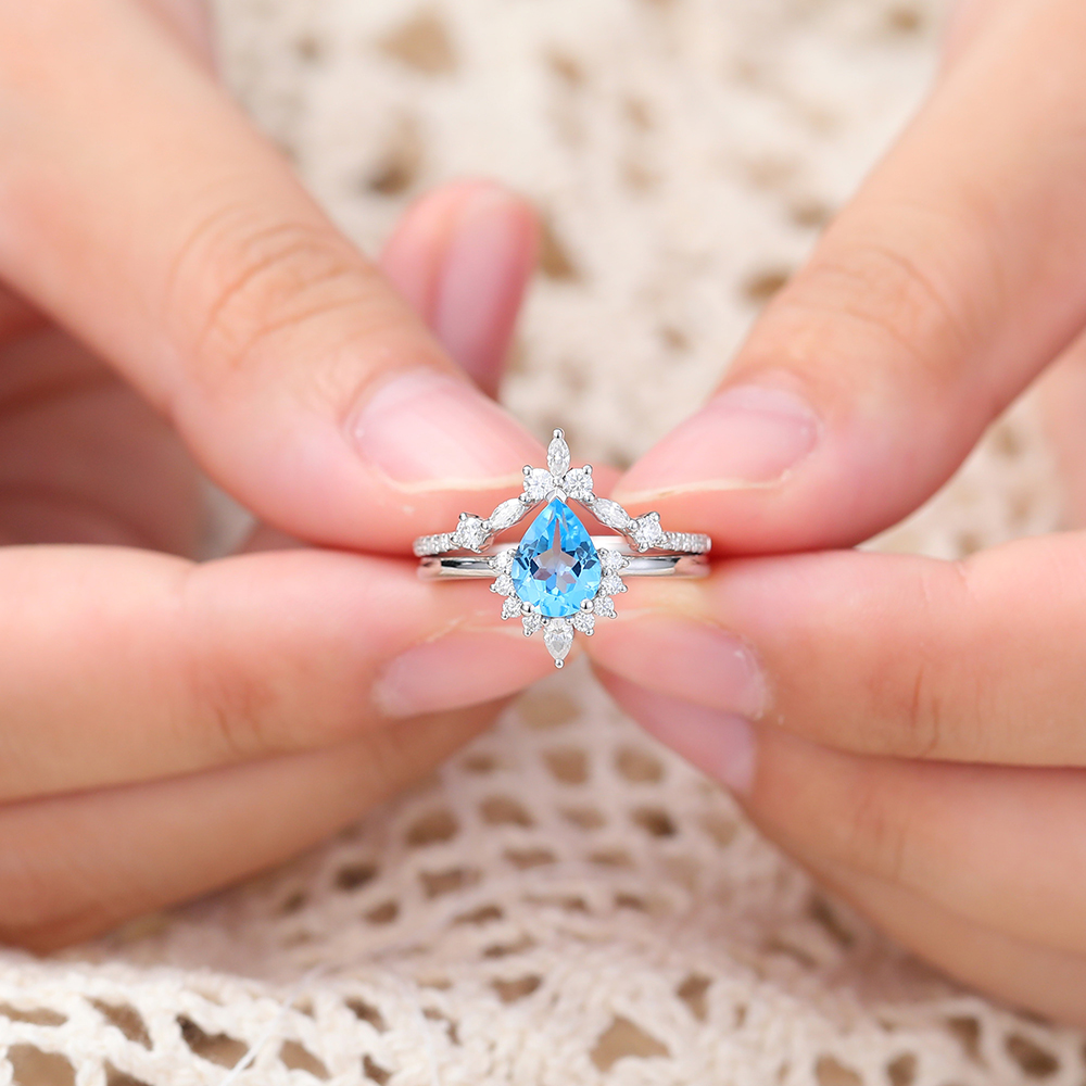 Juyoyo Pear Shaped Swiss Blue Topaz Ring Half Halo Engagement Ring Set in 14K White Gold - 2pcs