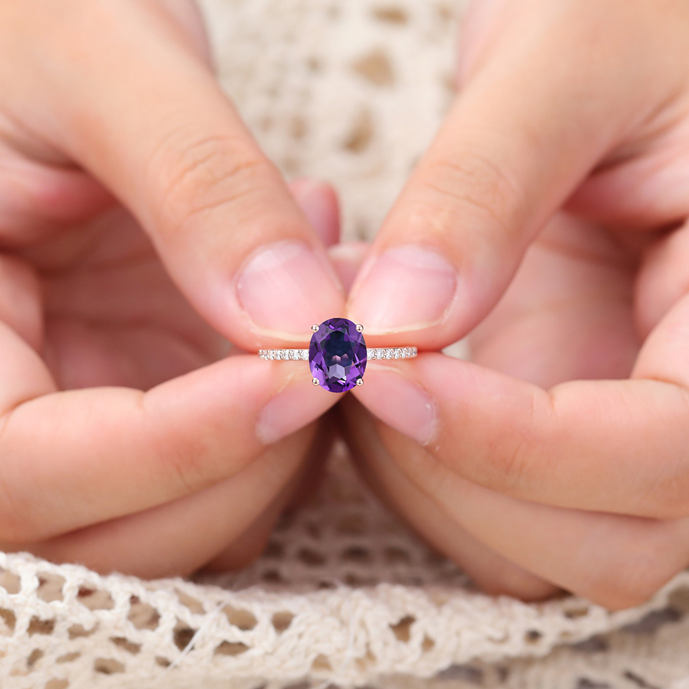 2ct Oval Cut Amethyst & Diamond Engagement Ring Pave Anniversary Promise Ring in 14K Rose Gold