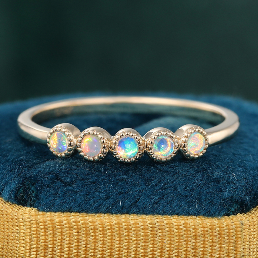 Bezel Opal Wedding Band Anniversary Stacking Ring