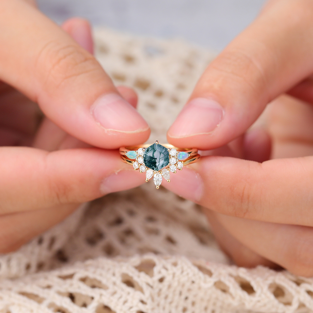 Juyoyo Juyoyo 14K Yellow Gold Hexagon Cut Moss Agate Wedding Ring Set - 2pcs Bridal Ring Set