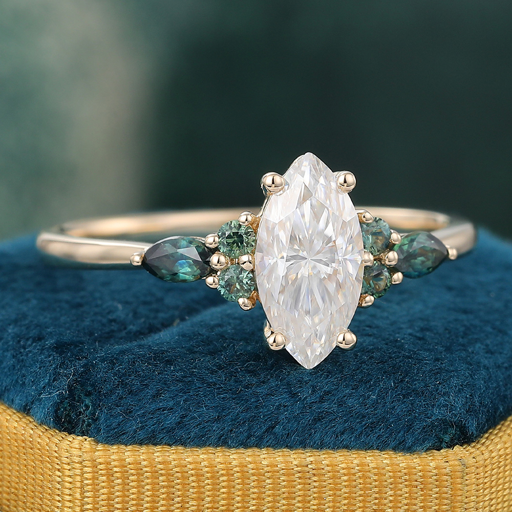 Moissanite & Green Blue Sapphire Engagement Ring Yellow Gold Cluster Bridal Ring for Women