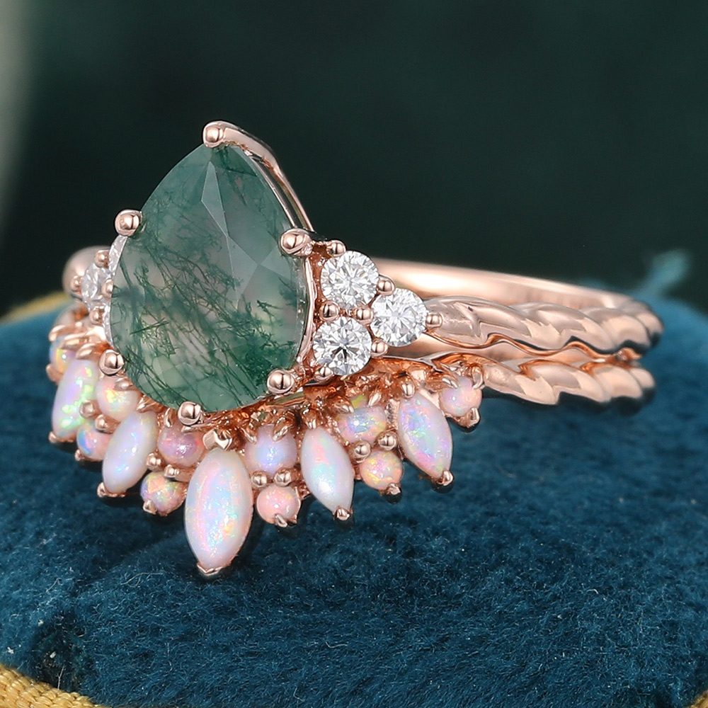 Juyoyo Pear Moss Agate Engagement Ring and Opal Wedding Band