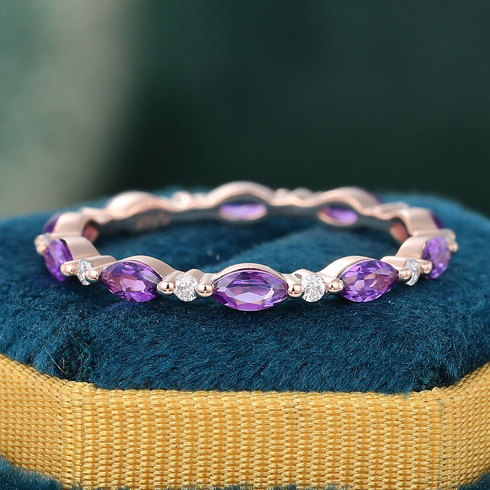 Juyoyo Marquise Cut Amethyst Yellow Gold Stacking Eternity Wedding Band