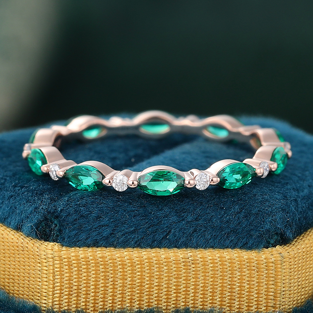 Juyoyo Marquise Cut Emerald Yellow Gold Stacking Eternity Wedding Band