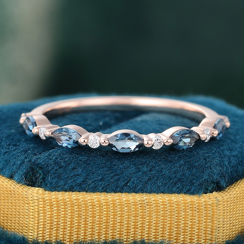 Juyoyo Marquise Cut London Blue Topaz White Gold Stacking Half Eternity Wedding Band