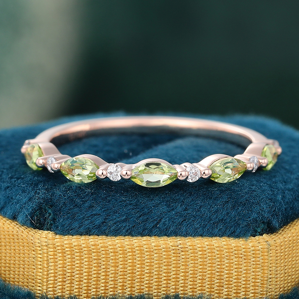 Juyoyo Marquise Cut Peridot White Gold Stacking Half Eternity Wedding Band