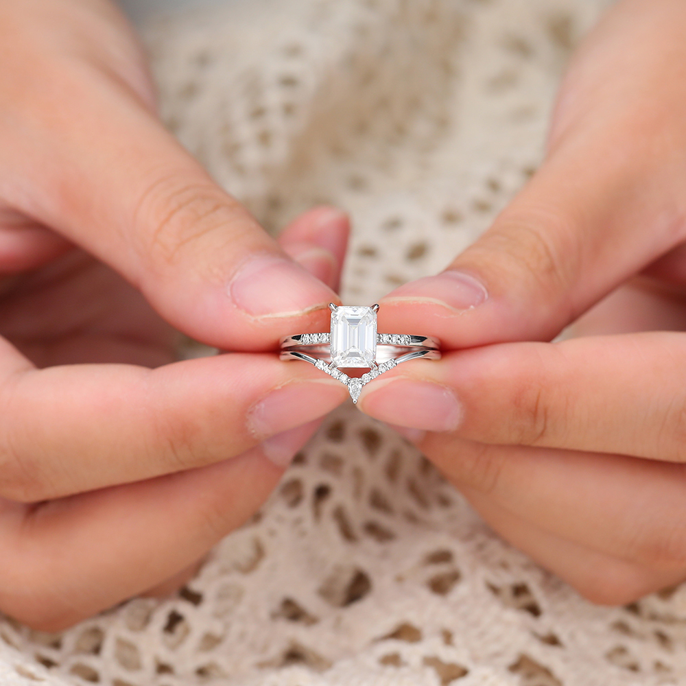 Vintage Emerald Cut Moissanite Engagement Ring Set Solid 14K White Gold Bridal Set - 2pcs