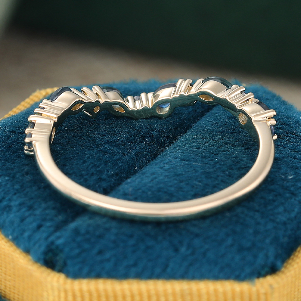 Delicate Green Blue Sapphire Wedding Band Curved Stacking Ring