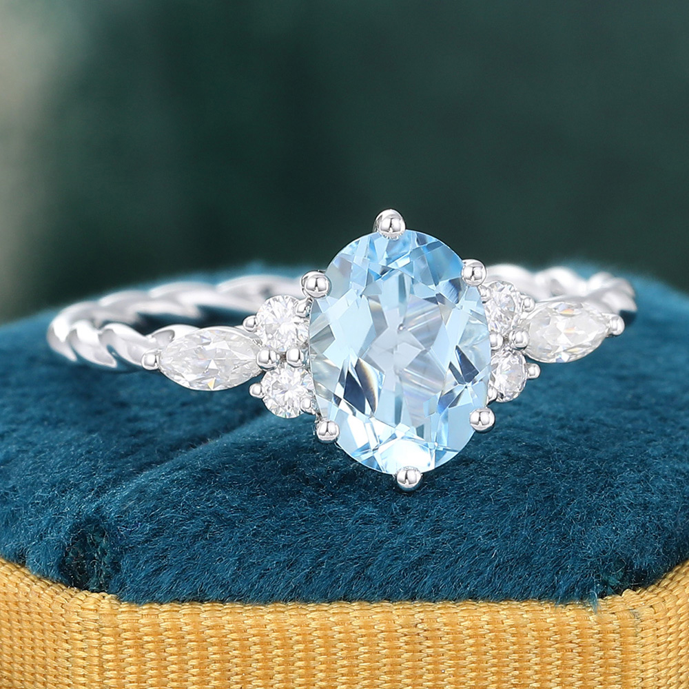 1.4 CT March Birthstone Oval Aquamarine Twisted Engagement Ring with Diamond Accents