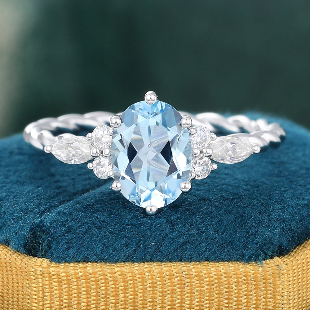 1.4 CT March Birthstone Oval Aquamarine Twisted Engagement Ring with Diamond Accents