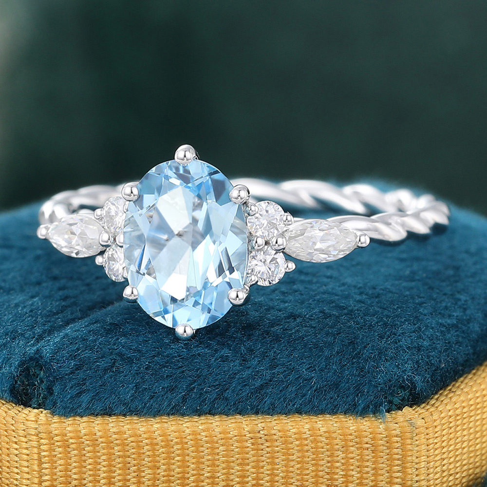1.4 CT March Birthstone Oval Aquamarine Twisted Engagement Ring with Diamond Accents
