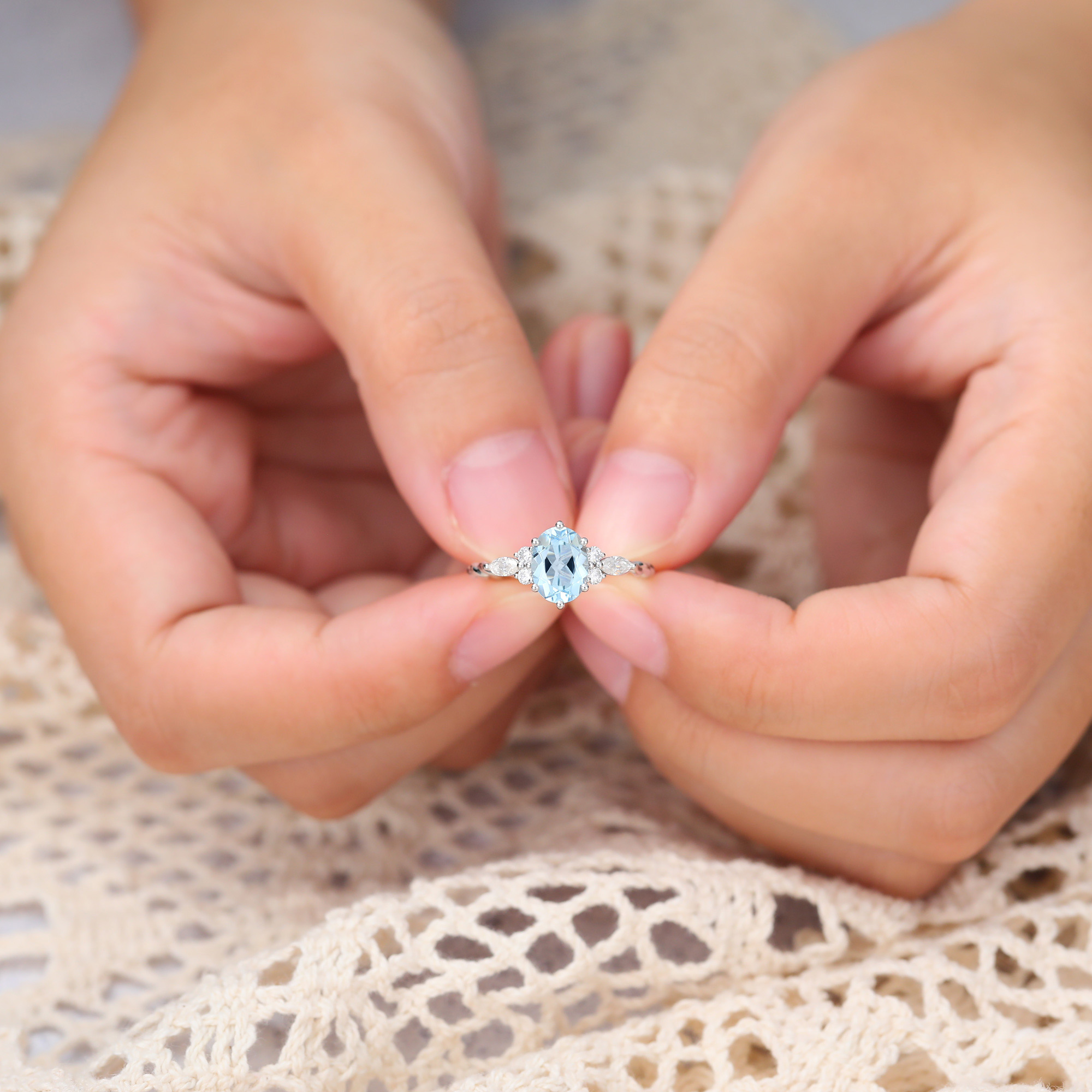 1.4 CT March Birthstone Oval Aquamarine Twisted Engagement Ring with Diamond Accents