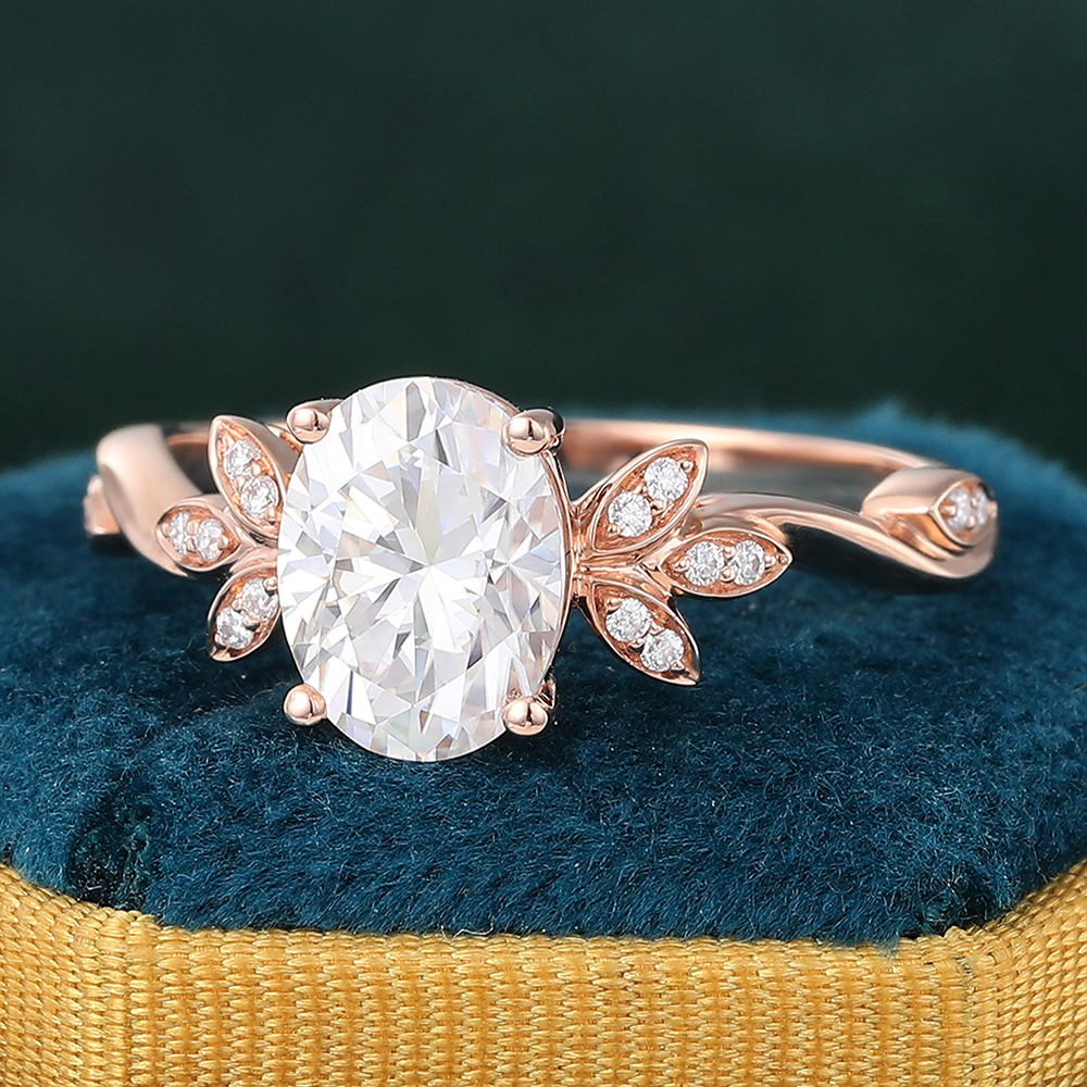 Juyoyo Vintage Oval Cut Moissanite and Diamond Engagement Ring Nature Inspire in 14K Rose Gold