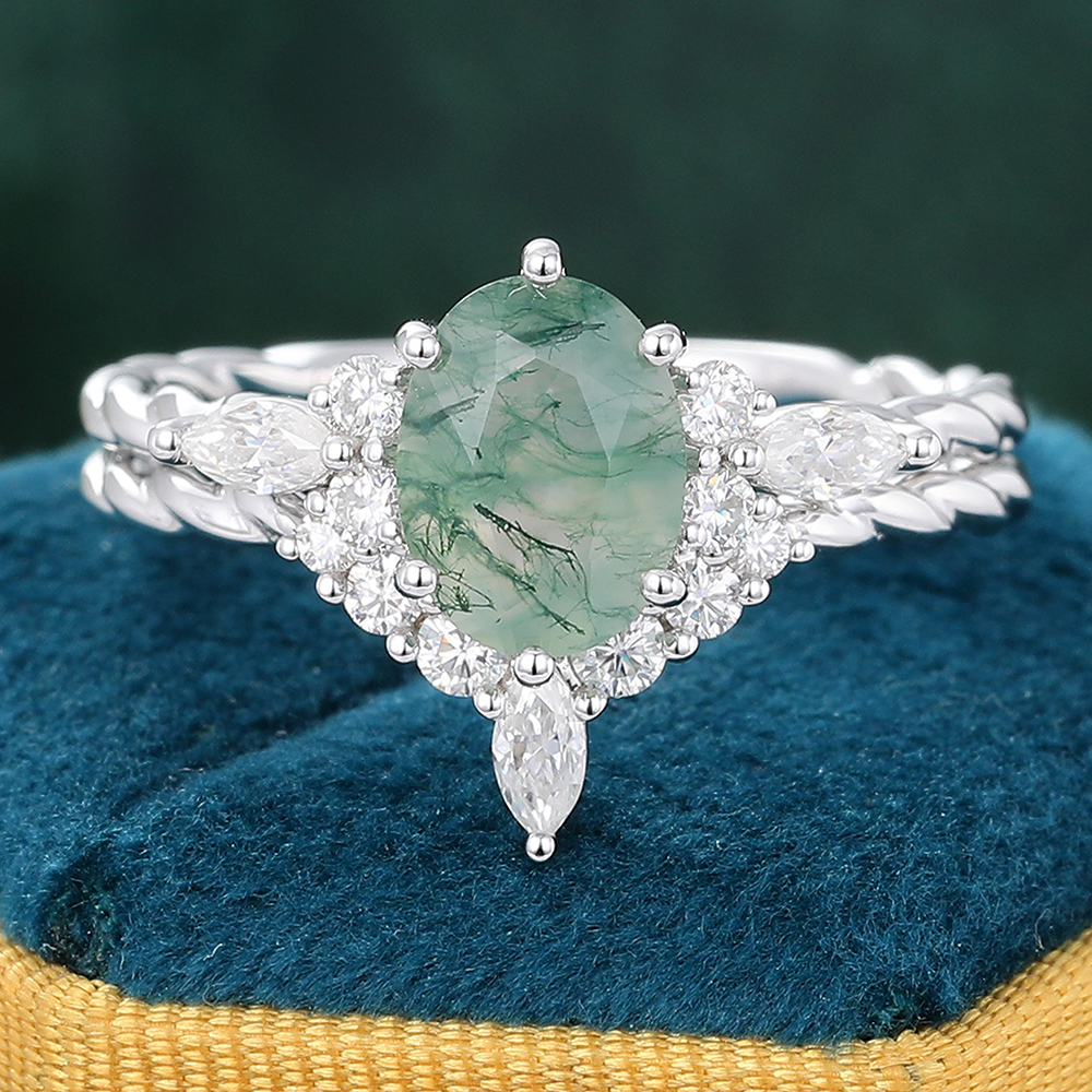 Juyoyo Twist Oval Moss Agate and Diamond Wedding Ring Set