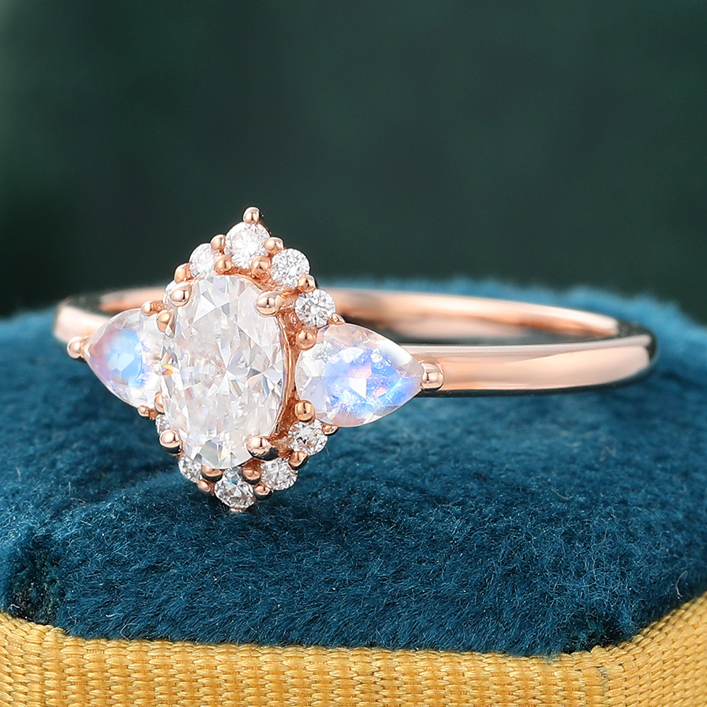 Juyoyo Oval Cut Moissanite Rose Gold Moonstone Engagement Ring