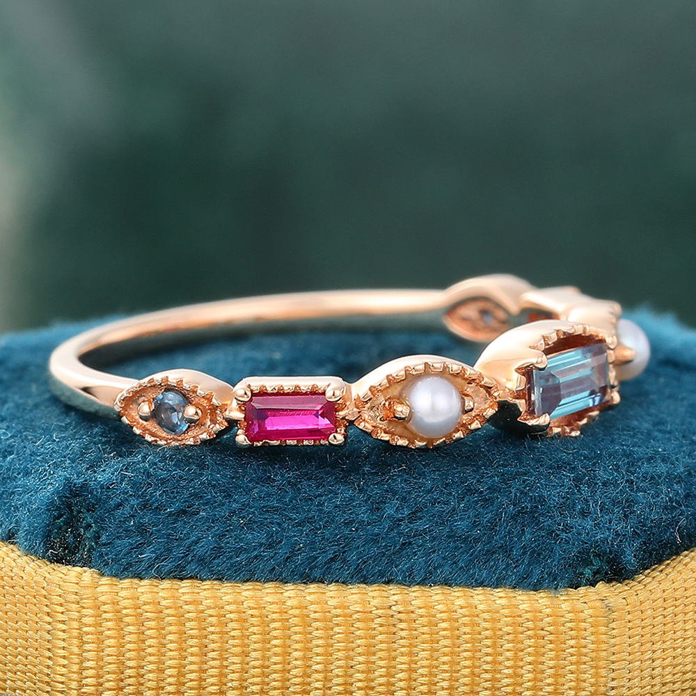 Juyoyo Muti Gemstone Ring Lab Alexandrite & Ruby & Pearl Ring
