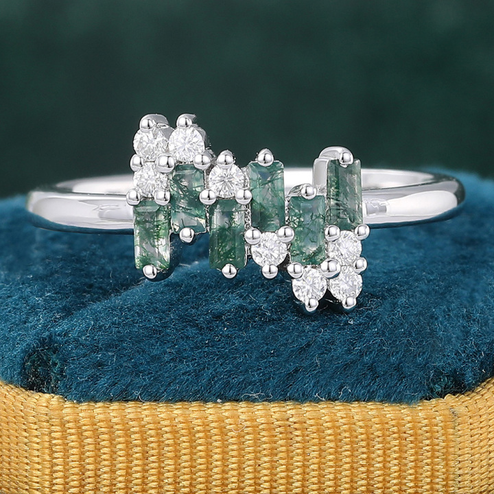 Baguette Cut Moss Agate & Round Diamond Rings