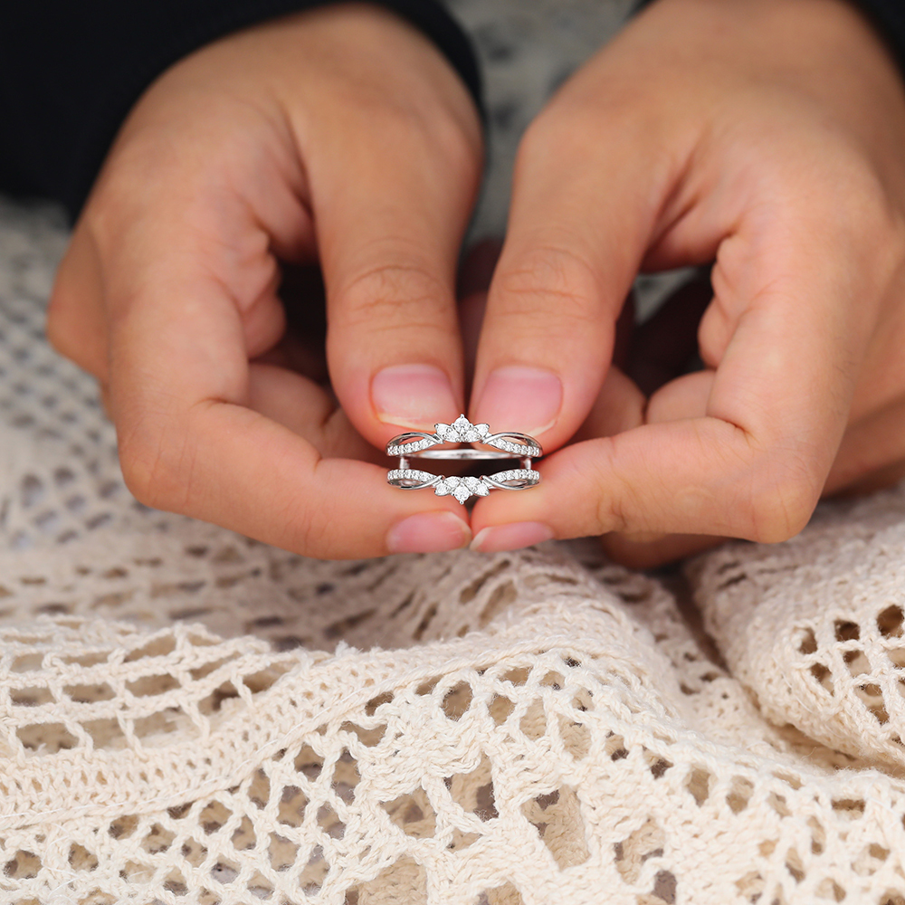 Juyoyo Diamond Double Bands White Gold Curved Wedding Band