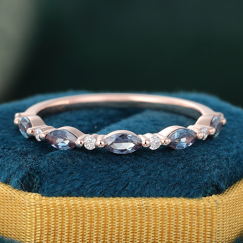 Juyoyo Marquise Cut Alexandrite Rose Gold Stacking Half Eternity Wedding Band