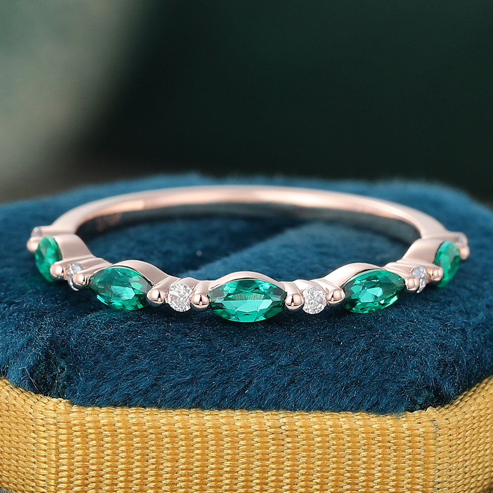 Juyoyo Marquise Cut Emerald Rose Gold Stacking Half Eternity Wedding Band