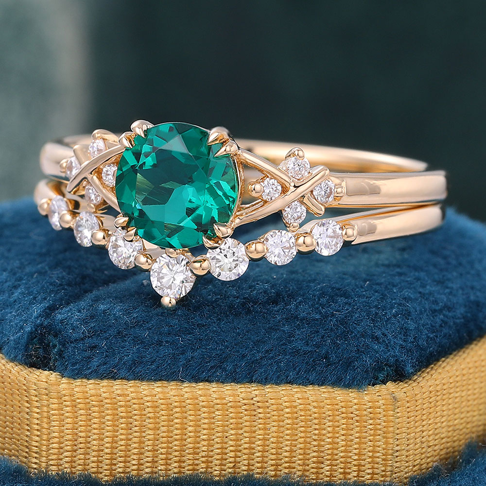Green Emerald Bridal Ring Set for Women