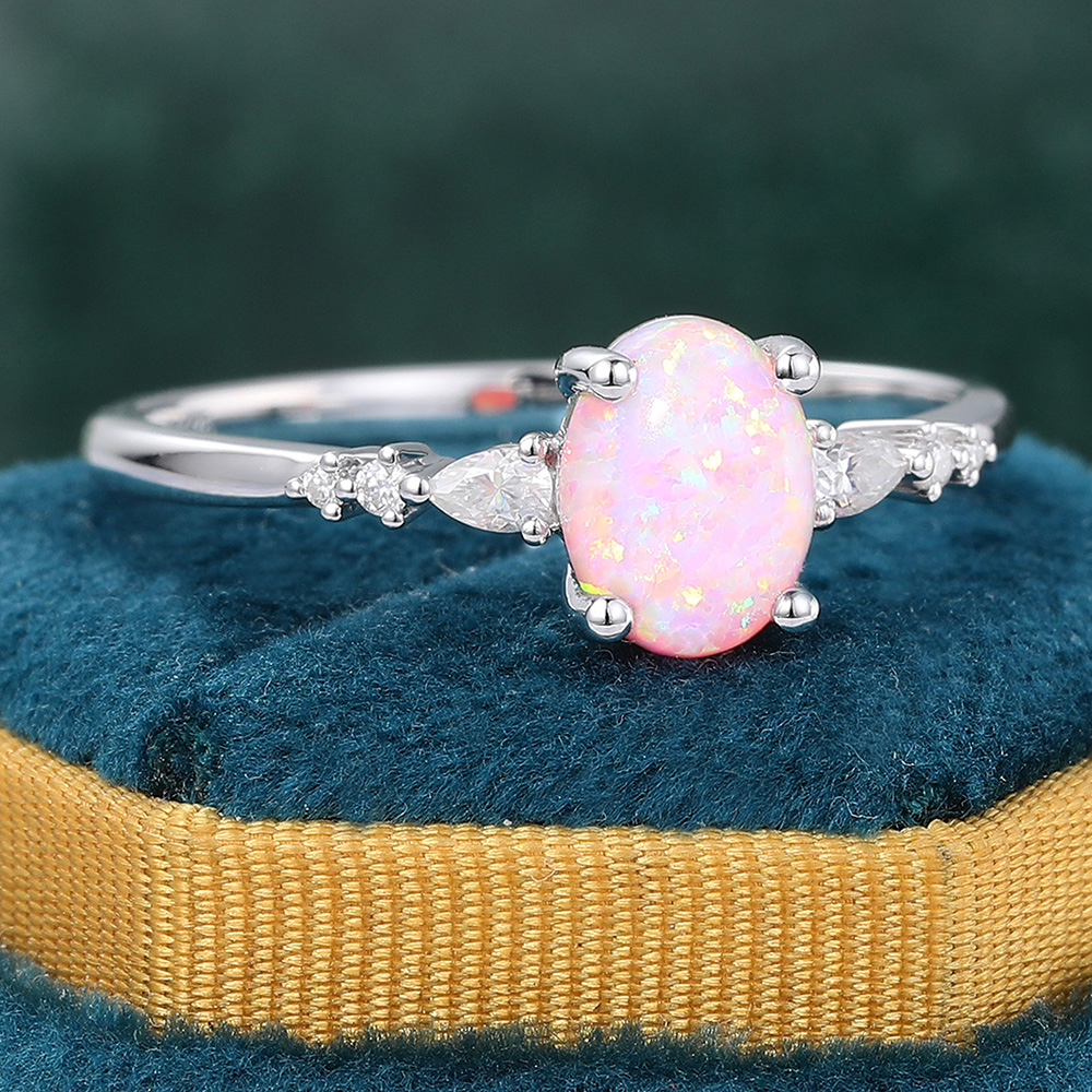 Juyoyo Simple 6*8mm Oval Cut Lab Pink Opal Engagement Ring with Diamond Accents