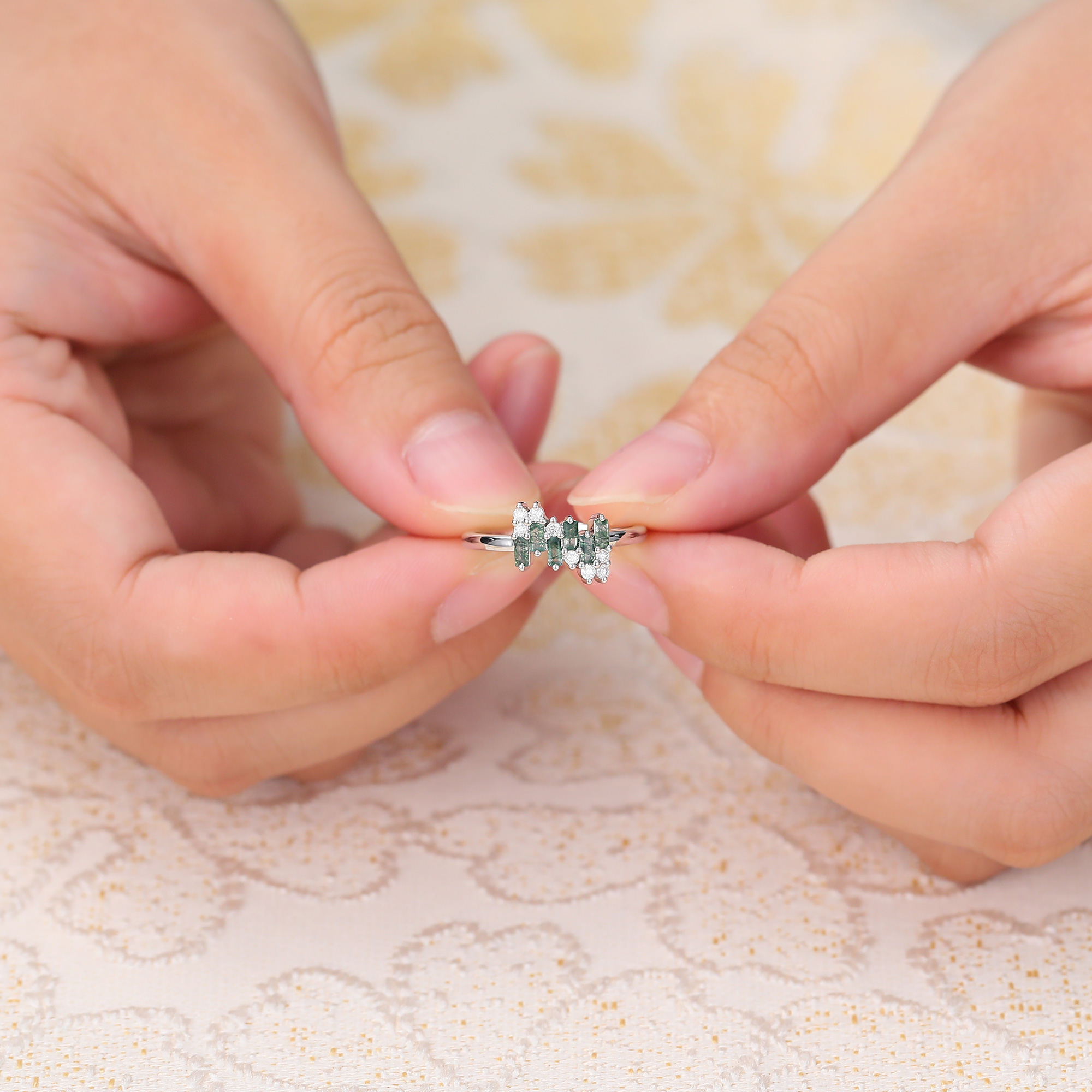 Baguette Cut Moss Agate & Round Diamond Wedding Ring Unique Cluster Ring