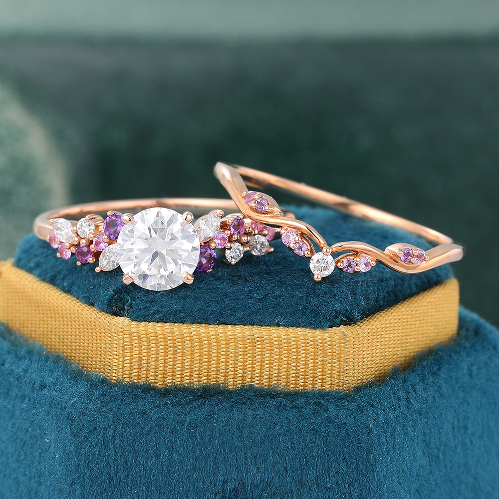 Juyoyo Vintage Moissanite Bridal Ring Set Rose Gold Amethyst Sapphire Cluster Wedding Ring Set - 2pcs