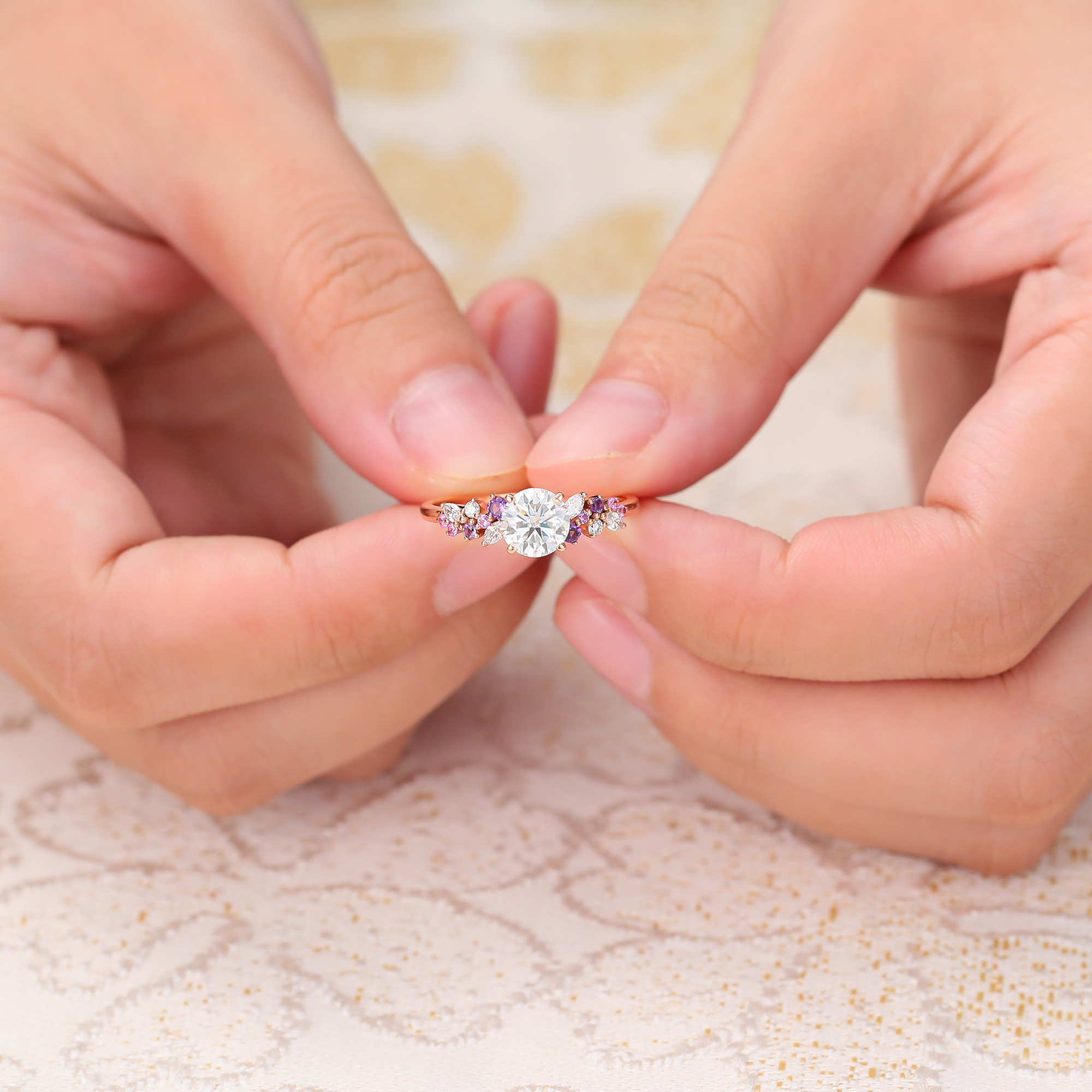 Juyoyo Round Cut Moissanite Engagement Ring Rose Gold Amethyst Sapphire Cluster Bridal Ring
