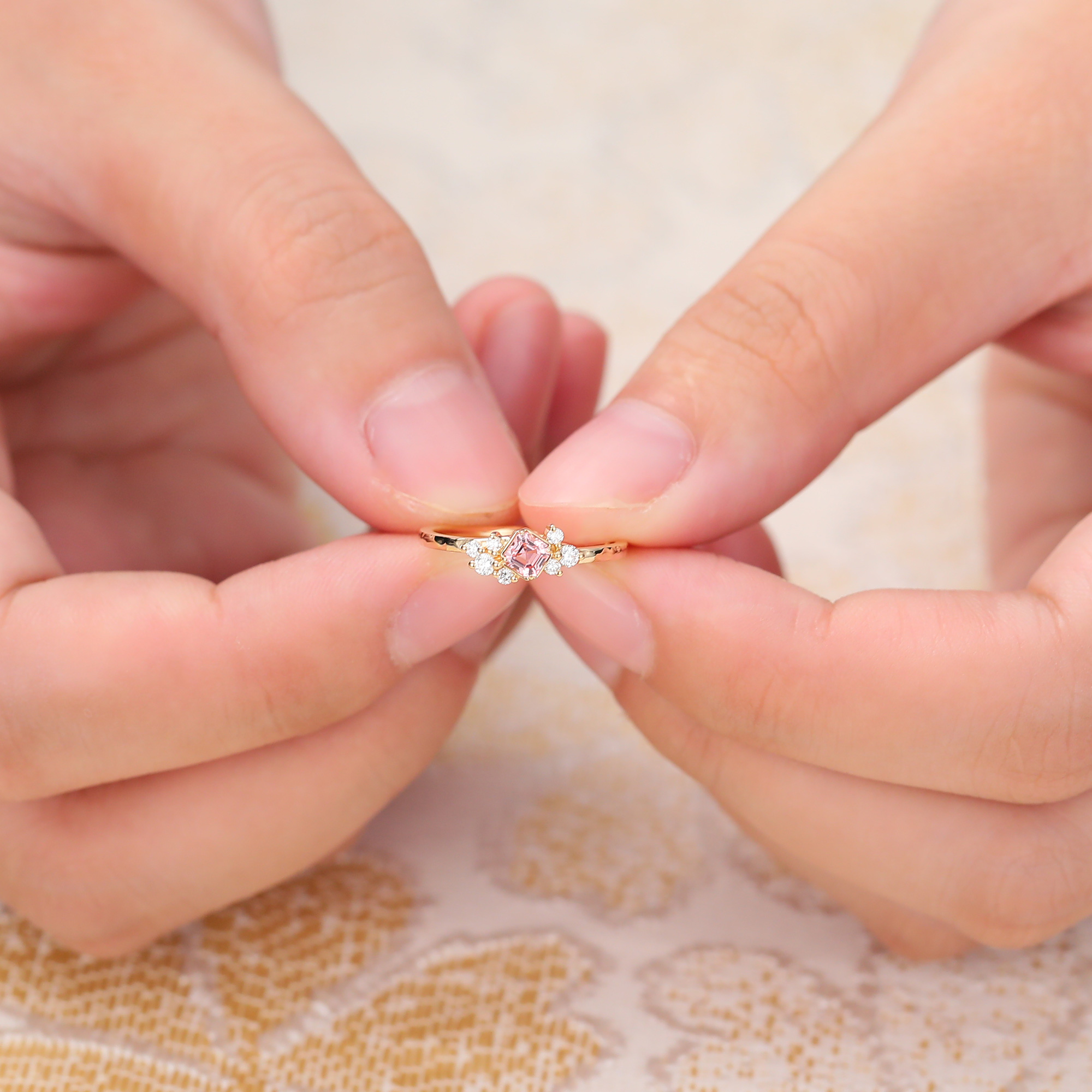 Juyoyo Asscher Cut Pink Sapphire Engagement Ring Diamond Cluster Promise Ring Yellow Gold