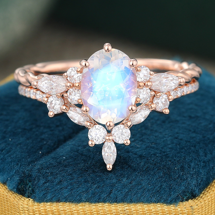 Exquisite Oval Moonstone & Moissanite Wedding Ring Set - 2pcs Bridal Ring Set