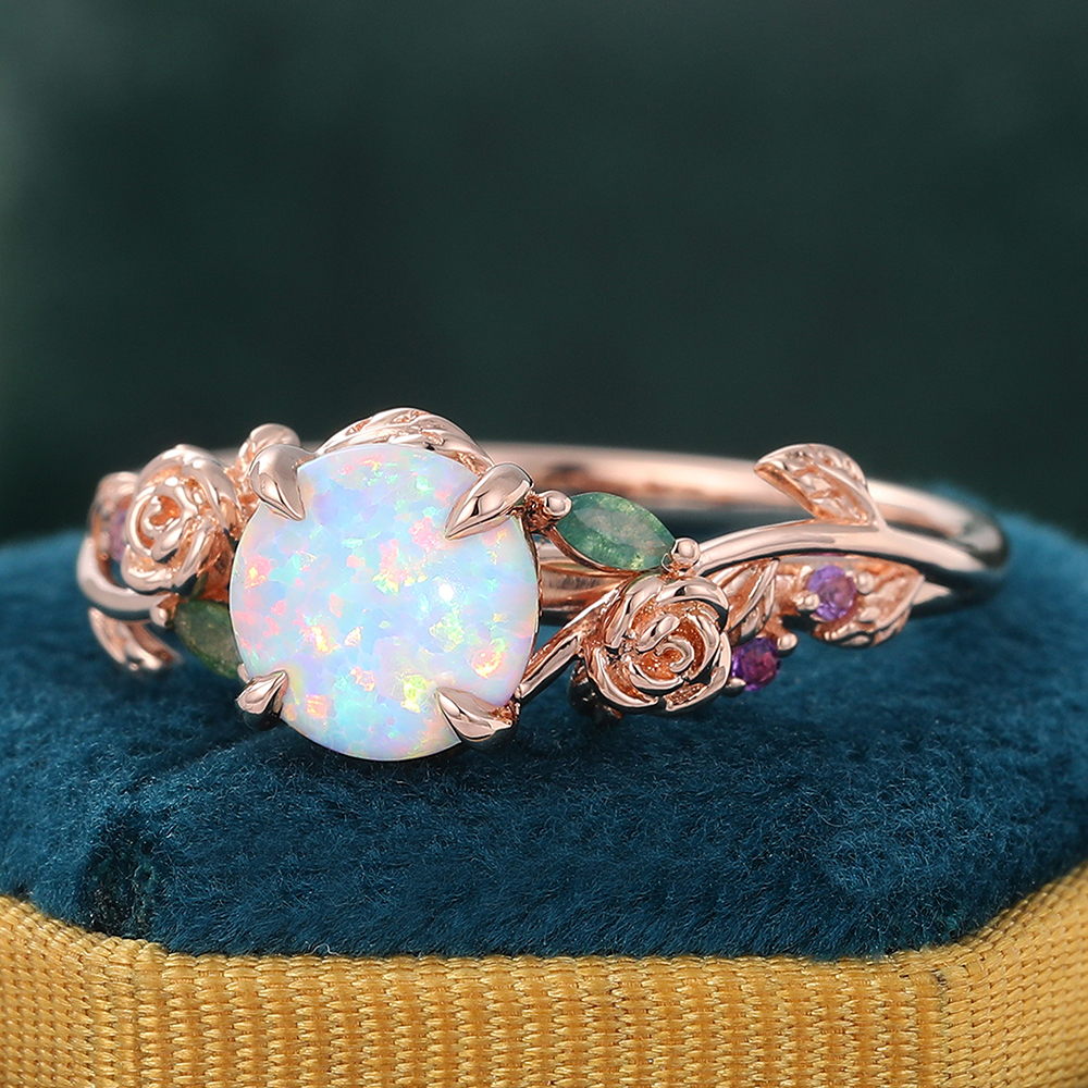 Juyoyo 14K Rose Gold Round Opal Engagement Ring Rose Leaf Nature Inspired Wedding Ring
