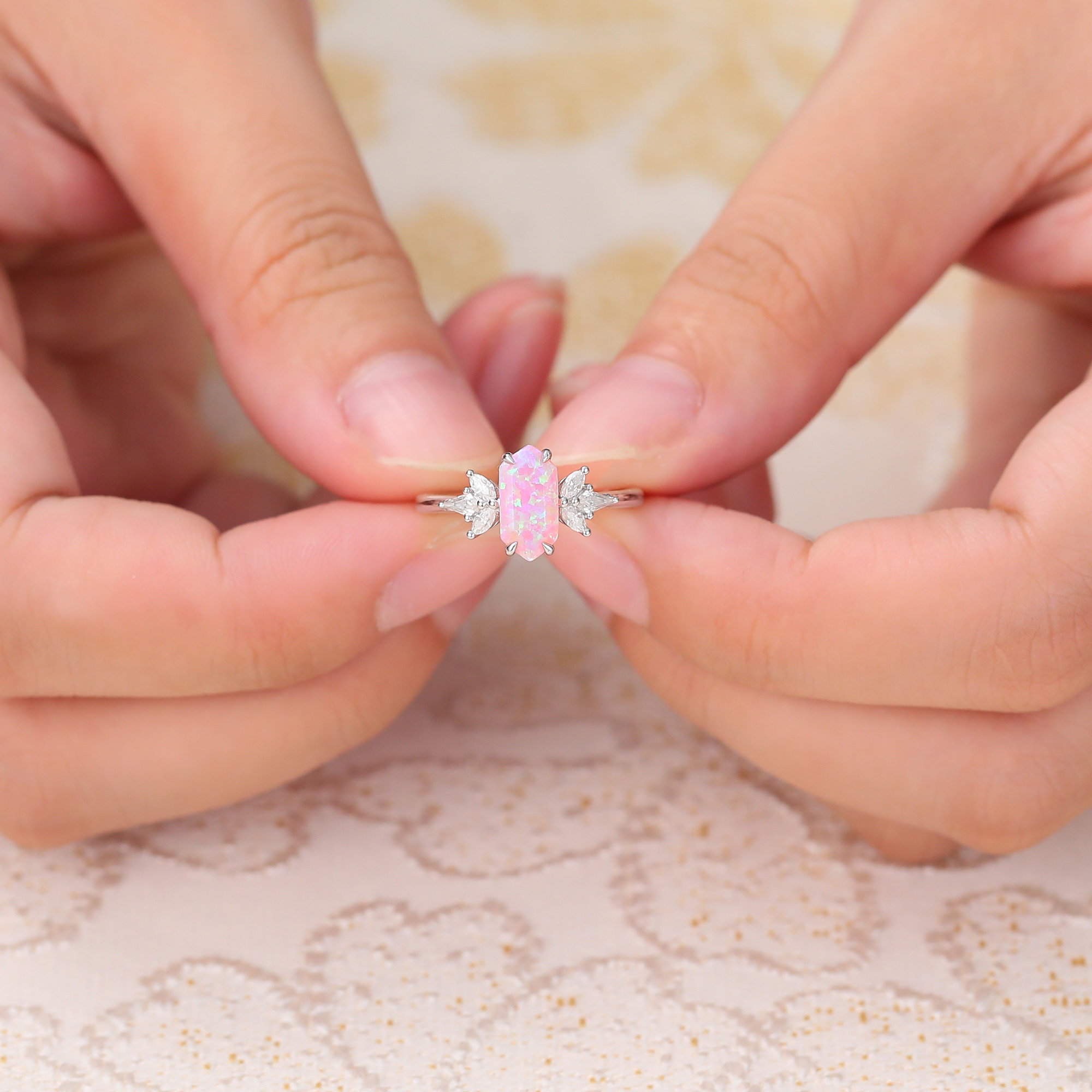 Juyoyo Long Hexagon Cut Pink Opal Engagement Ring Vintage Wedding Ring 14K White Gold
