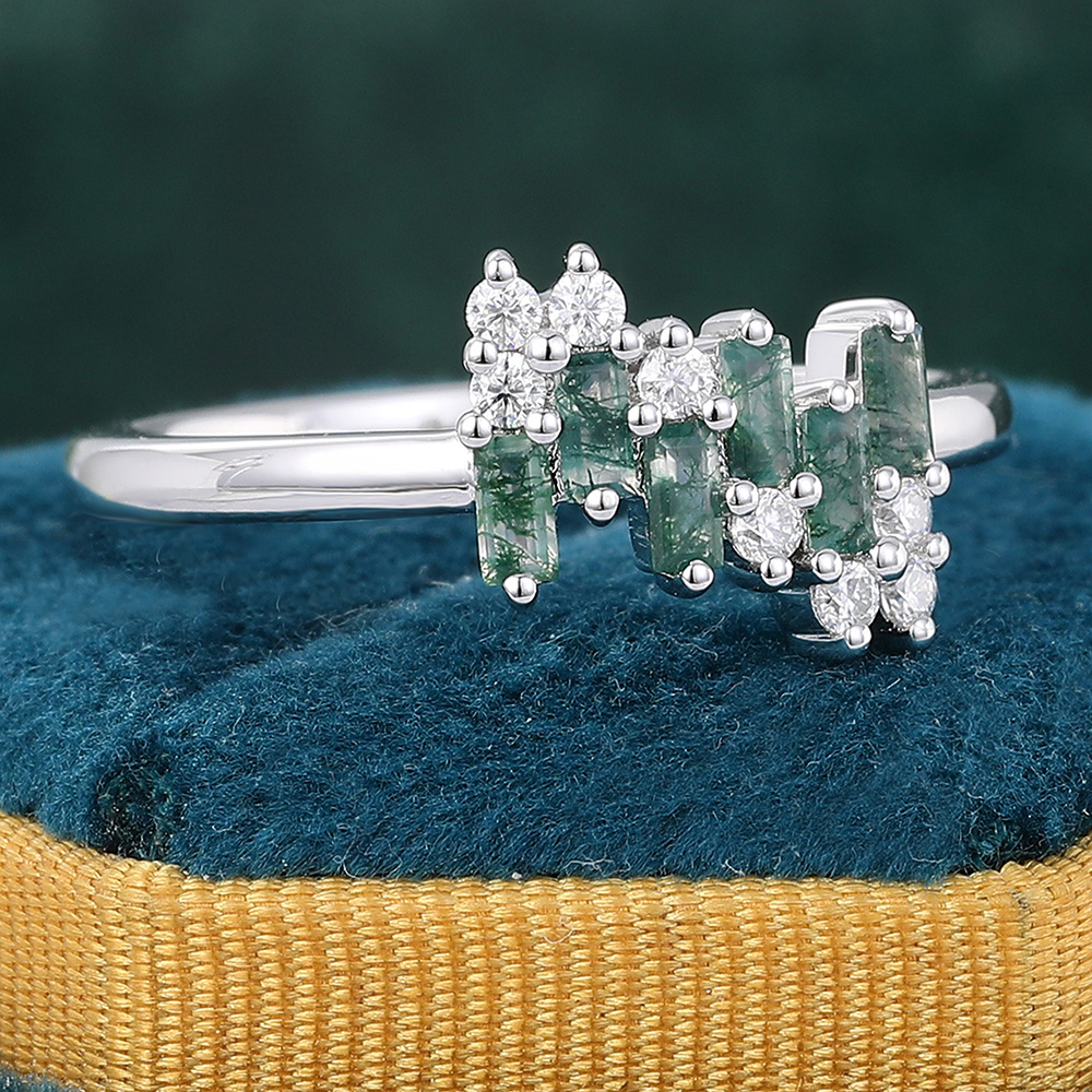 Baguette Cut Moss Agate & Round Diamond Wedding Ring Unique Cluster Ring