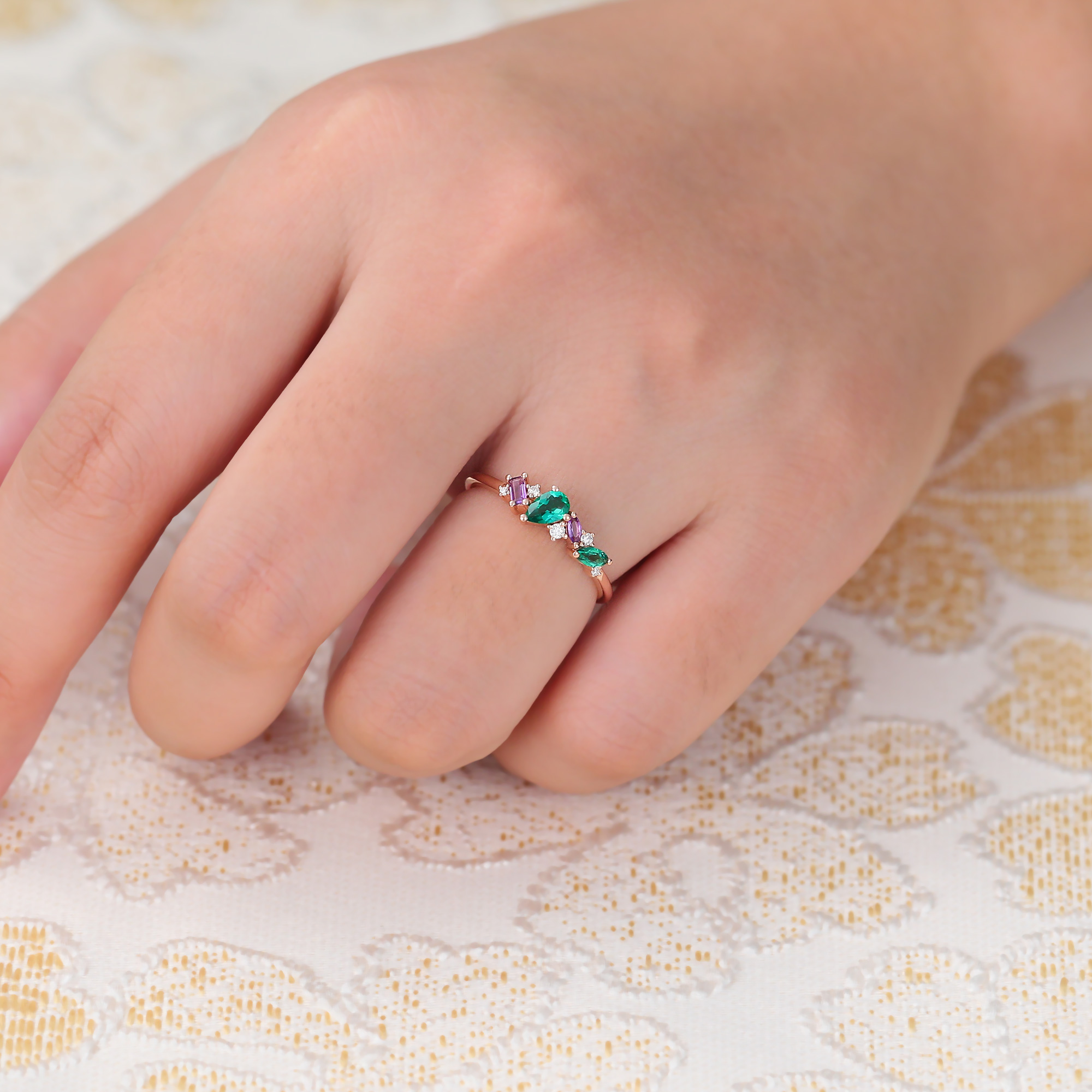 Multi Cuts Emerald and Amethyst Engagement Ring Vintage Bridal Ring