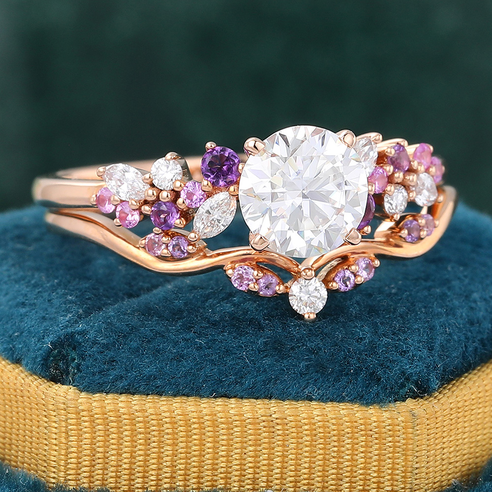 Juyoyo Vintage Moissanite Bridal Ring Set Rose Gold Amethyst Sapphire Cluster Wedding Ring Set - 2pcs