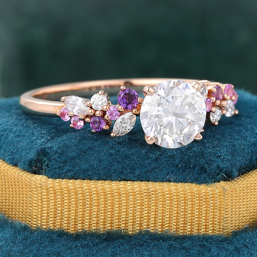 Juyoyo Round Cut Moissanite Engagement Ring Rose Gold Amethyst Sapphire Cluster Bridal Ring