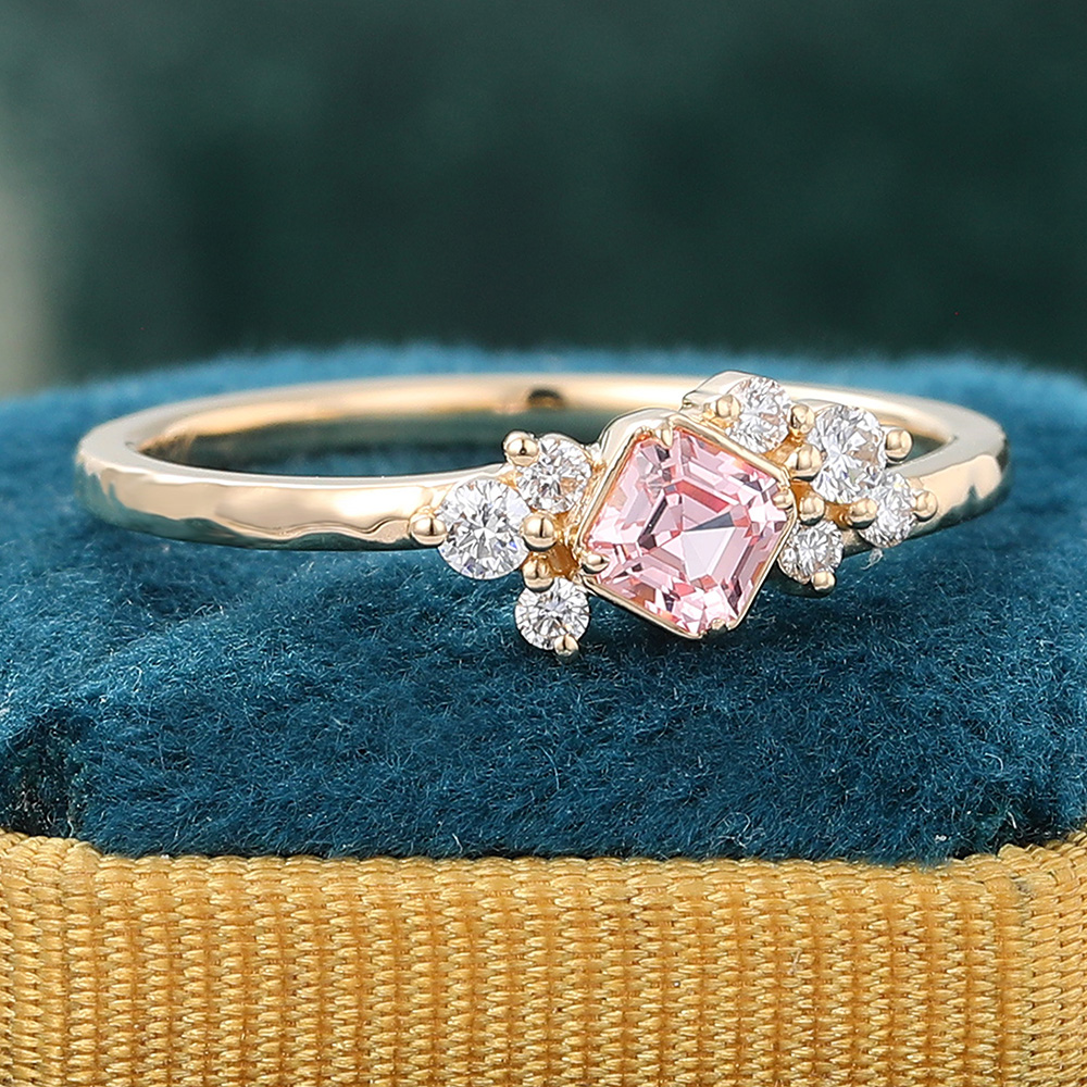 Juyoyo Asscher Cut Pink Sapphire Engagement Ring Diamond Cluster Promise Ring Yellow Gold