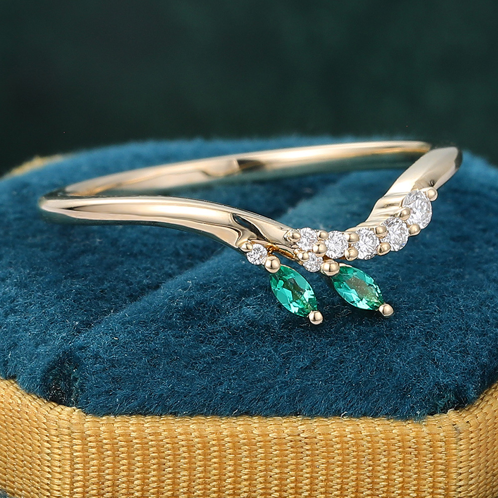 Emerald Curved Wedding Band Unique Stacking Ring