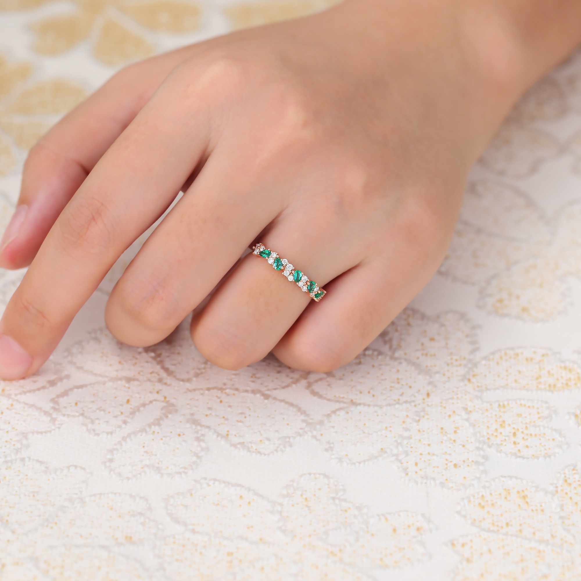 Pear Shape Emerald Wedding Band Vintage Stacking Ring