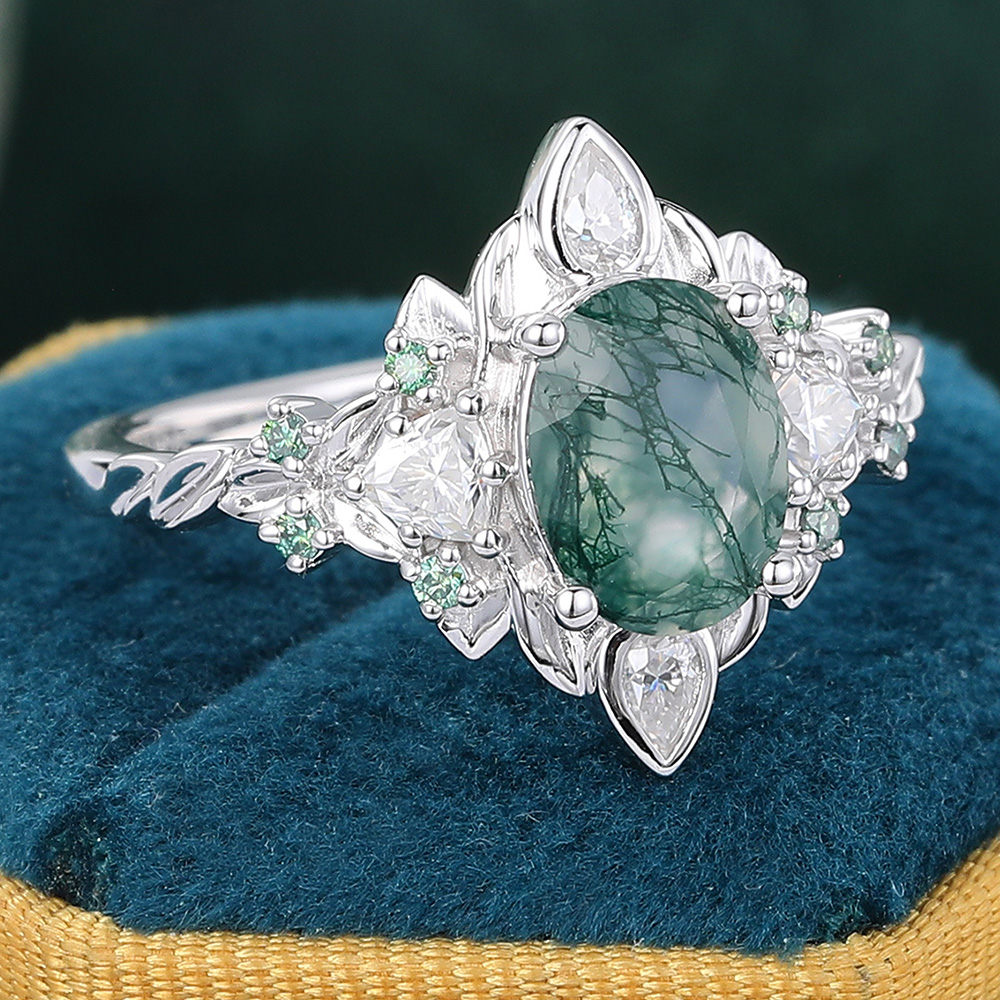 Juyoyo Art Deco Oval Moss Agate Engagement Ring with Sapphire & Moissanite Accents