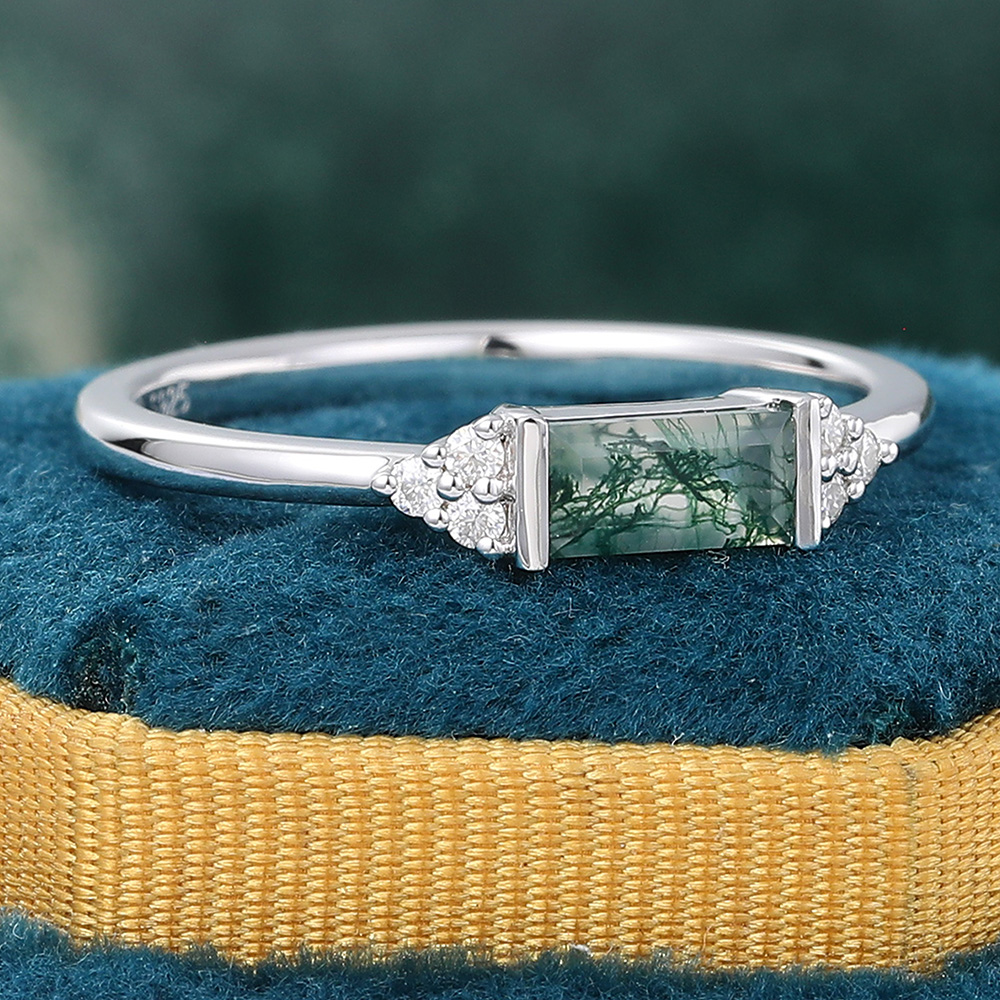 Minimalist Baguette Cut Moss Agate East-West Set Engagement Ring with Diamond Accents