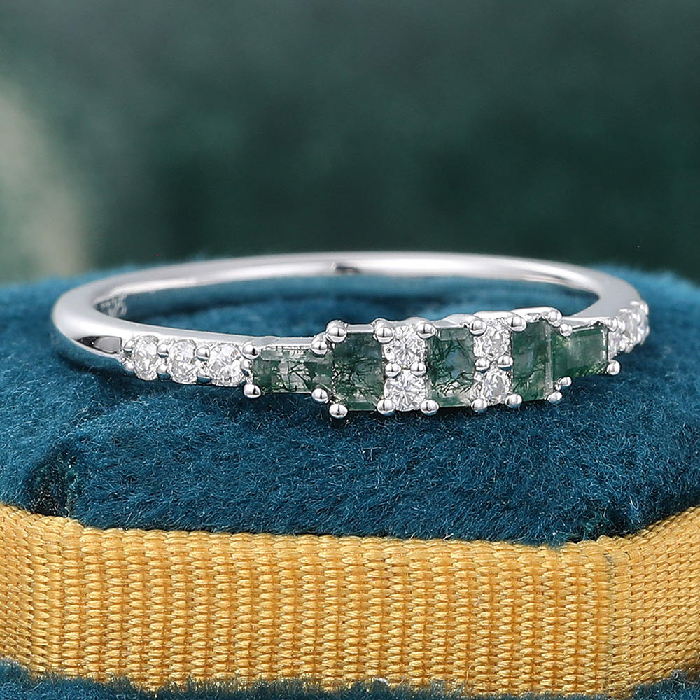 Minimalist Moss Agate and Diamond Wedding Ring Stacking Ring In 925 Sterling Silver