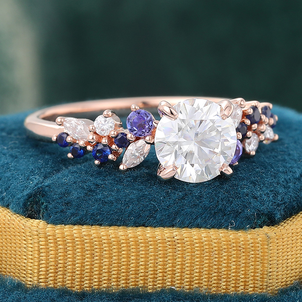 Juyoyo Round Cut Moissanite Engagement Ring Diamond Tanzanite Sapphire Cluster Ring Rose Gold