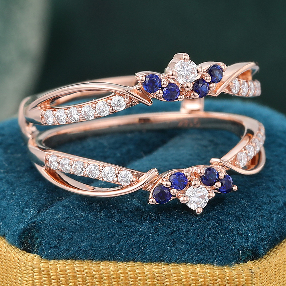 Sapphire & Moissanite Crown Wedding Band Double Curved Band