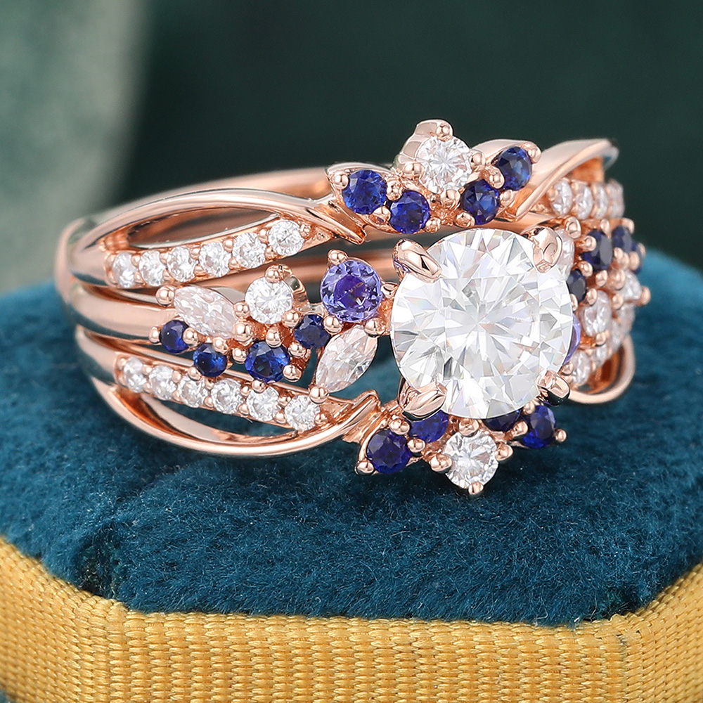 Juyoyo Round Cut Moissanite Bridal Ring Set Unique Crown Double Bands Vintage Engagement Ring